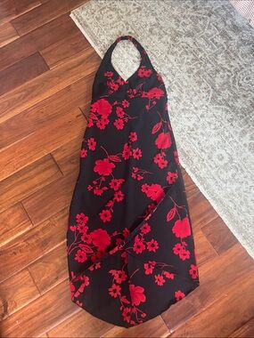 Steppin' Out Halter Backless Dress with Red Floral Print midi high low vintage
